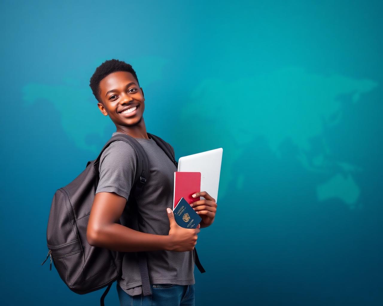 Nigerian student preparing to study abroad with passport and laptop